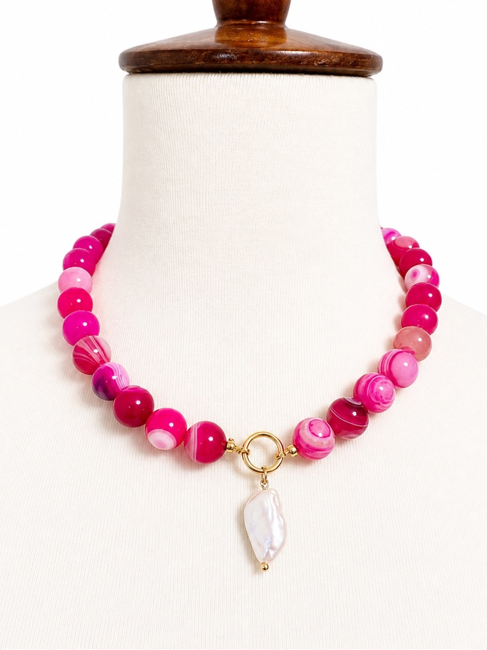 Handmade Pink Agate Bead Chunky Necklace Pearl Pendant Gold Plated
